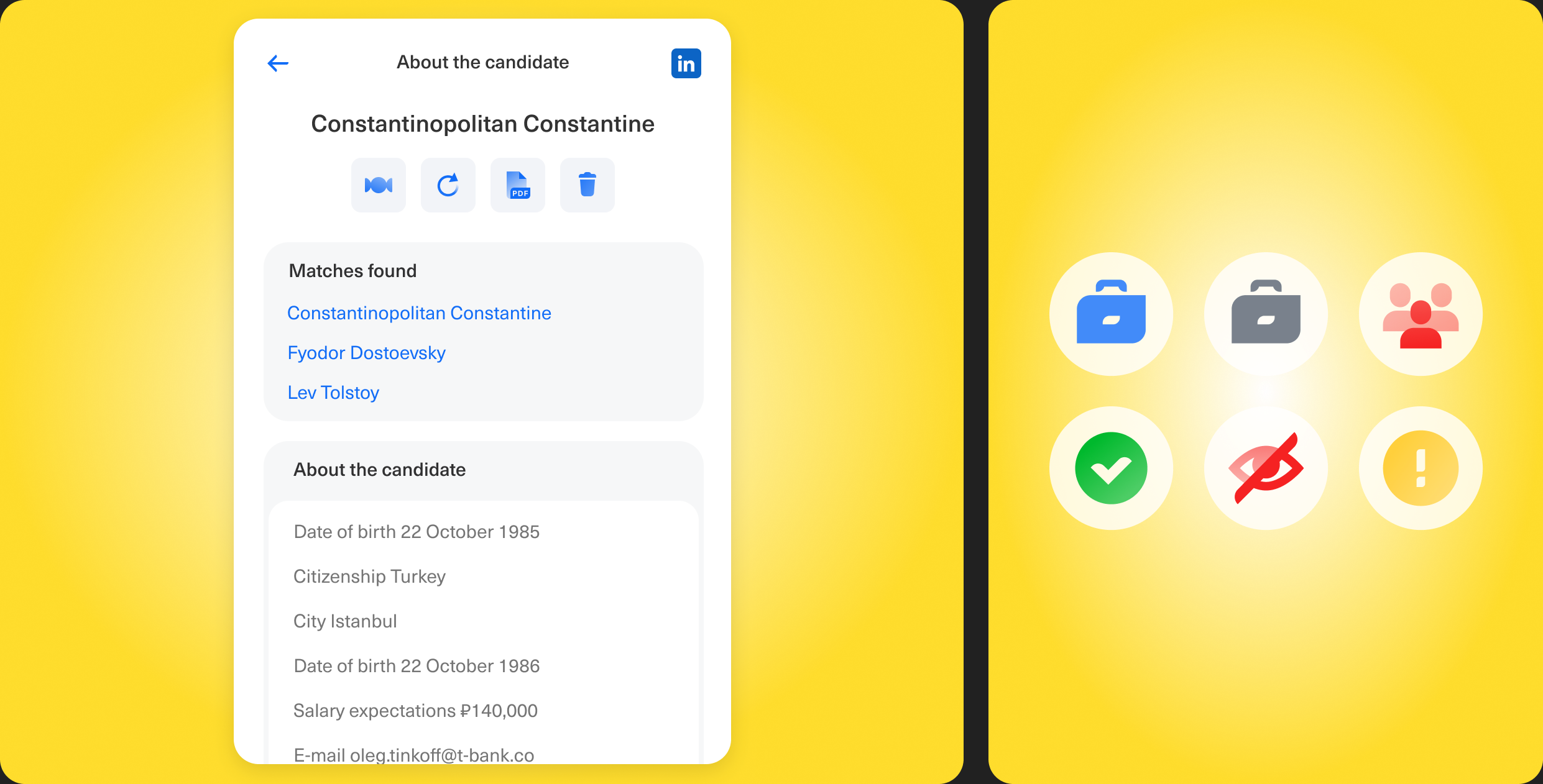 Candidate detail view and status badges
